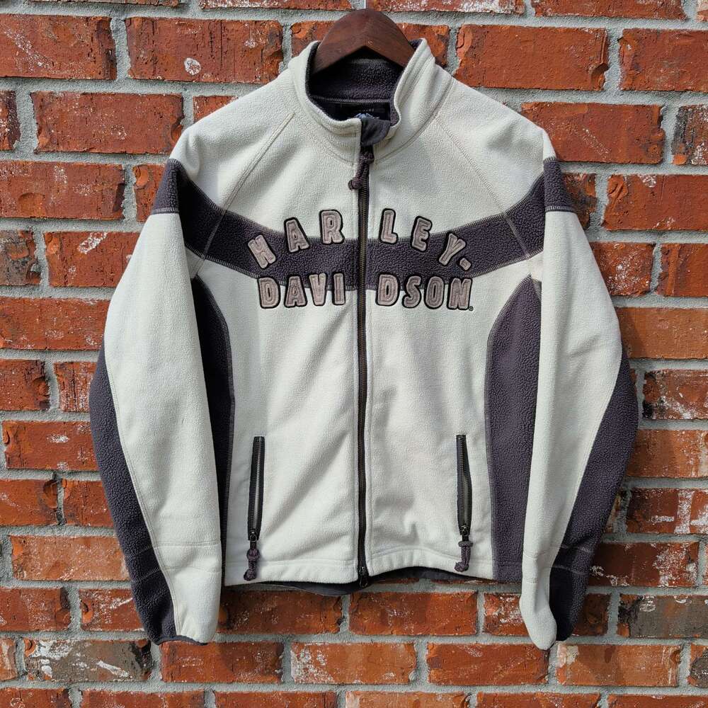 Harley Davidson Fleece Jacket Mens XL Cream Gray Full Zip 1903
